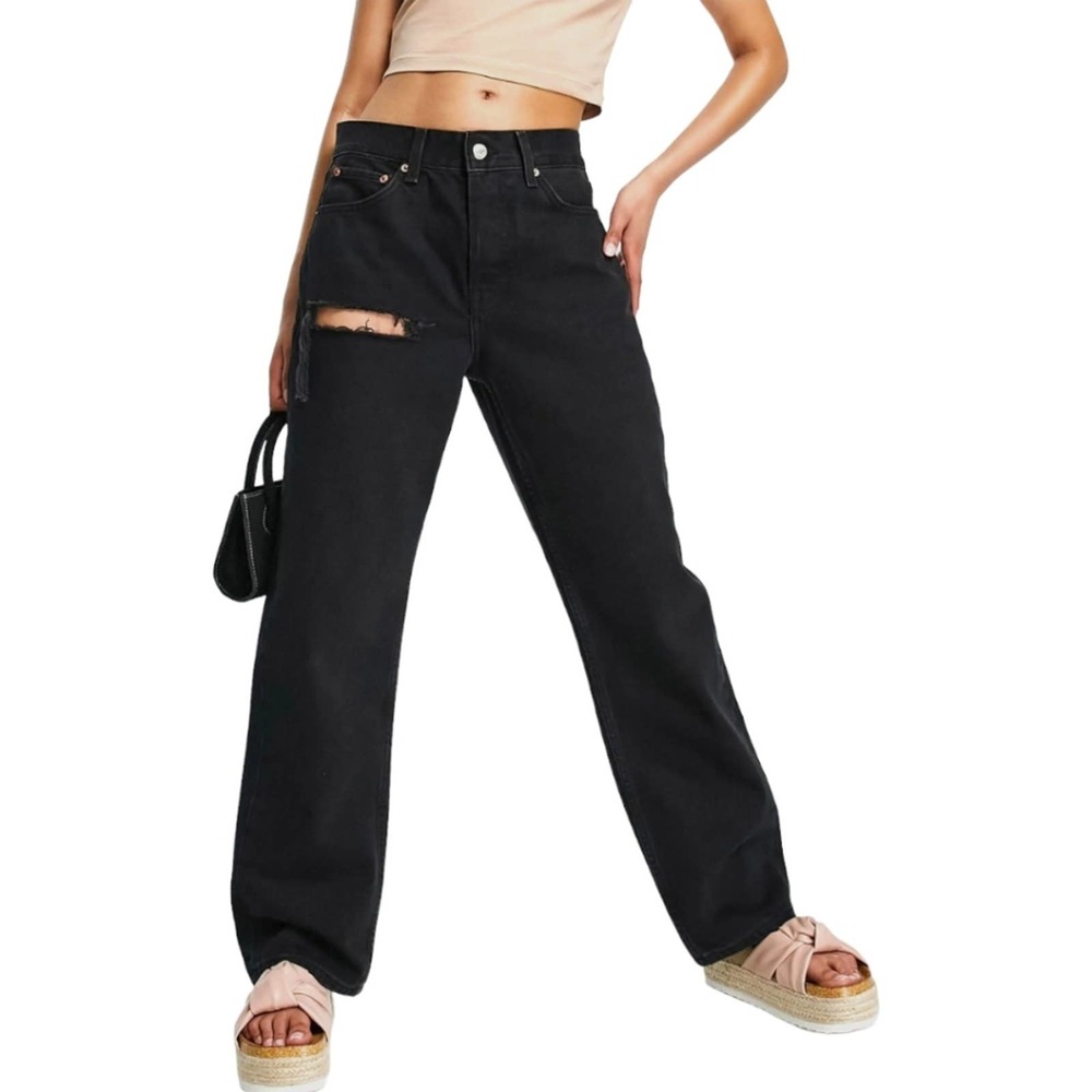 NWT TopShop Dad High Rise Distressed Ripped Straight Leg Jeans Black Size 26